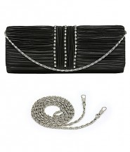 Evening Bag - Satin Pleated w/ 3 Liner Clear Stone - Black - BG-EBS1132BK